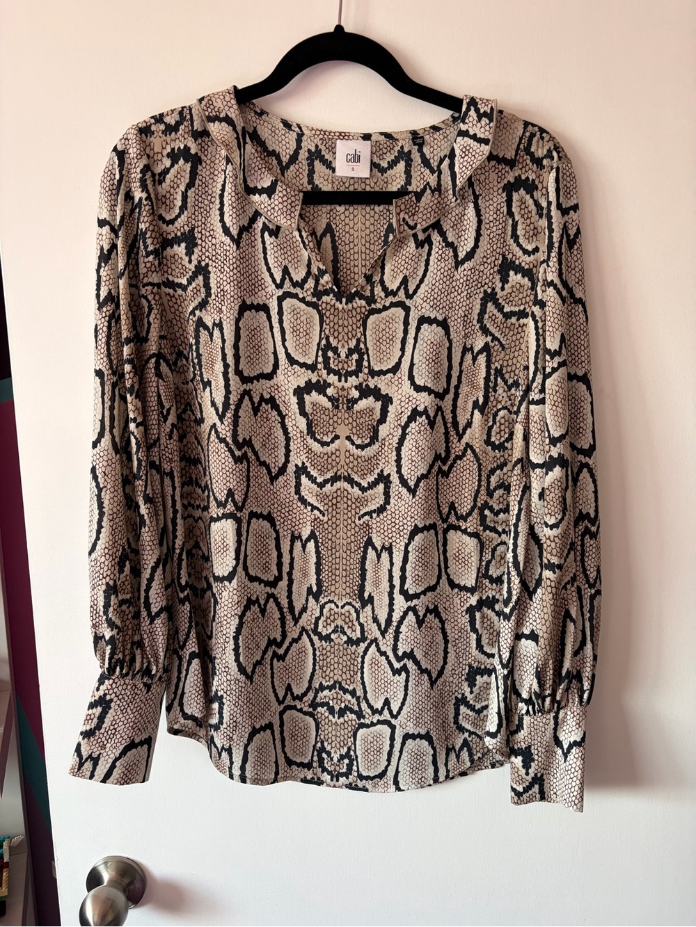 CAbi Neutral Snake-Print Split V-Neck Blouse
